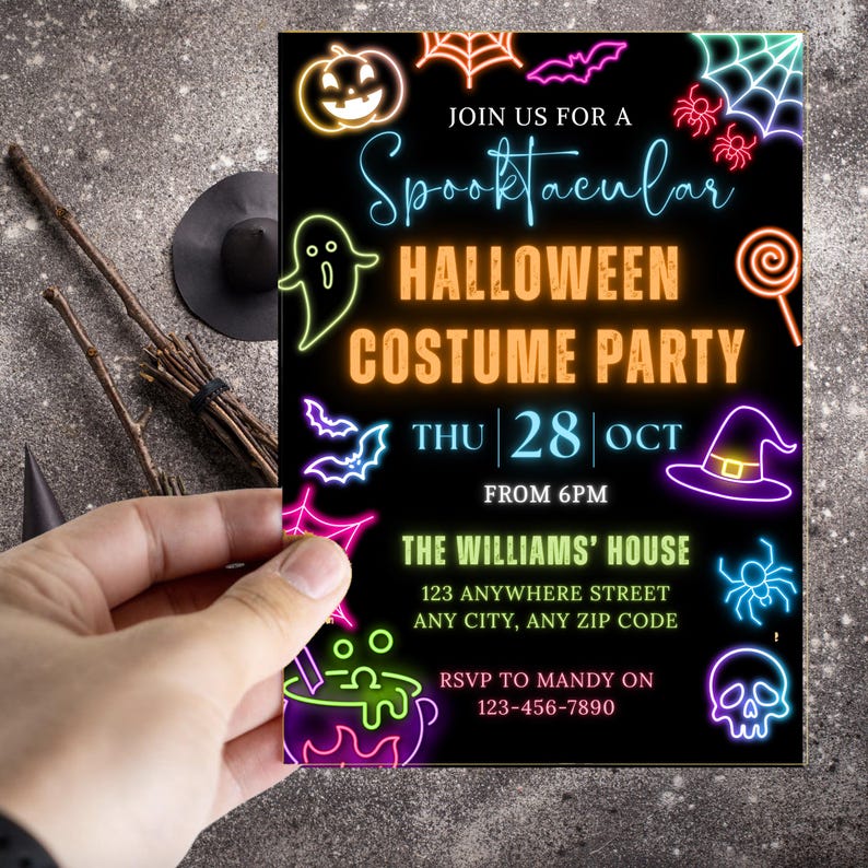 May include: A black Halloween party invitation with neon-style graphics. The invitation includes a jack-o'-lantern, ghost, bats, spiderwebs, a witch's hat, a spider, a skull, and a cauldron. The text reads "Spooktacular Halloween Costume Party".