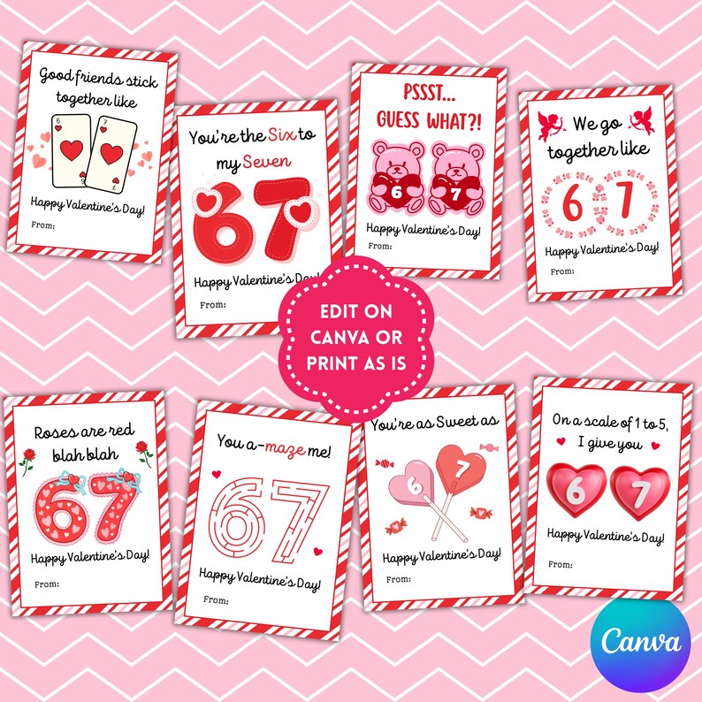 May include: A collection of Valentine's Day cards with various designs. The cards feature phrases like "Good friends stick together like" and "You're the Six to my Seven." Each card has a red and white border and includes the text "Happy Valentine's Day!"