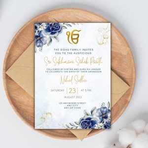 May include: An invitation card with a floral design in shades of blue and gold. The text reads "The Sidhu Family Invites You to the Auspicious Sri Sukhmaur Sahib Paath" and includes event details.