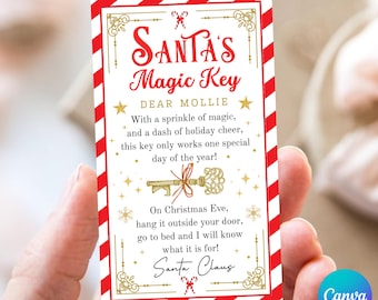 May include: A Christmas card with a red and white striped border, featuring the text "Santa's Magic Key" in red. The card includes a decorative key illustration and is personalized with the name "Mollie". The card's text describes a Christmas Eve tradition.