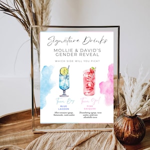 May include: A framed sign for a gender reveal party. The sign features the text "Signature Drinks" and "Mollie & David's Gender Reveal." It displays two cocktail illustrations: a blue lagoon and a pink daiquiri, with their ingredients listed below.