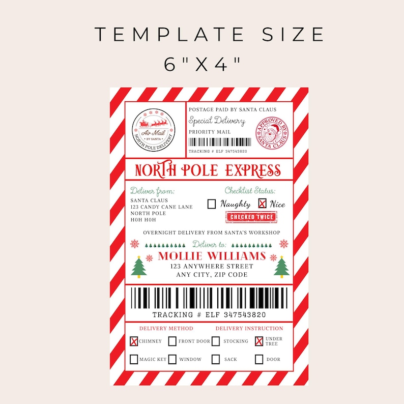 May include: A Christmas-themed North Pole Express template, measuring 15.24cm x 10.16cm, with a red and white striped design. It includes Santa's address, recipient details, and a 'Naughty' or 'Nice' checklist. Features a barcode and delivery instructions.