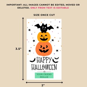May include: A Halloween-themed design featuring stacked orange pumpkins with carved faces, topped with a black bat. The design includes the text "HAPPY HALLOWEEN" and "YOUR FRIEND MOLLIE". The card measures 3.5 inches by 2 inches.