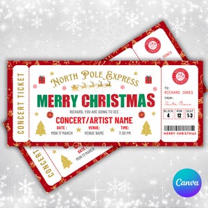 Pode incluir: Dois bilhetes de concerto de Natal vermelhos e brancos com detalhes dourados. Os bilhetes dizem "North Pole Express" e "Feliz Natal". Os detalhes incluem a data, hora e local. Os bilhetes são decorados com árvores de Natal, estrelas e flocos de neve.