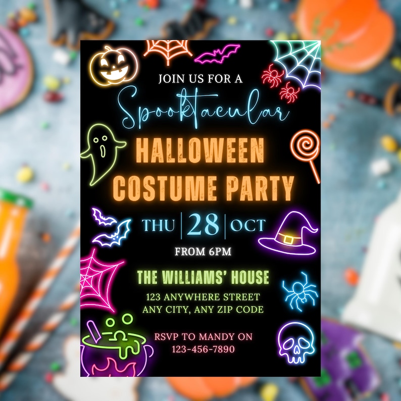 May include: A black Halloween party invitation with neon-style graphics. The invitation includes a jack-o'-lantern, bats, spiderwebs, a witch's hat, and the text "Spooktacular Halloween Costume Party". The date is Thursday, October 28th.