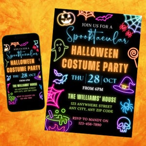 May include: A black Halloween costume party invitation with neon-style graphics, including a pumpkin, ghost, bats, spiderwebs, and a witch's hat. The text reads "Join us for a Spooktacular Halloween Costume Party" with the date, time, and RSVP information.