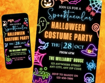 May include: A black Halloween costume party invitation with neon-style graphics, including a pumpkin, ghost, bats, spiderwebs, and a witch's hat. The text reads "Join us for a Spooktacular Halloween Costume Party" with the date, time, and RSVP information.