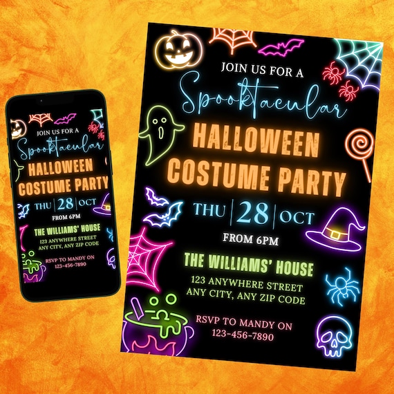 Neon Halloween Party Invitation, Glow Halloween Party Invite, Halloween Kids Cute invite Canva Template