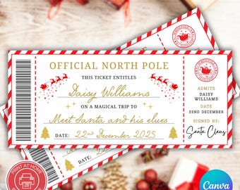 Editable Santa Grotto Ticket, Christmas North Pole Experience, Meet Santa Father Christmas, Coupon Lapland Printable Ticket Canva template
