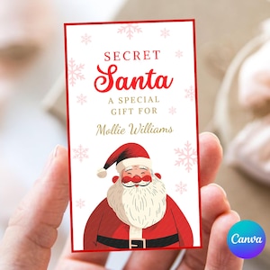 Secret Santa Gift Tag, Christmas Santa Claus Secret Tag, Label Surprise Xmas Gift, Vintage Santa Canva template