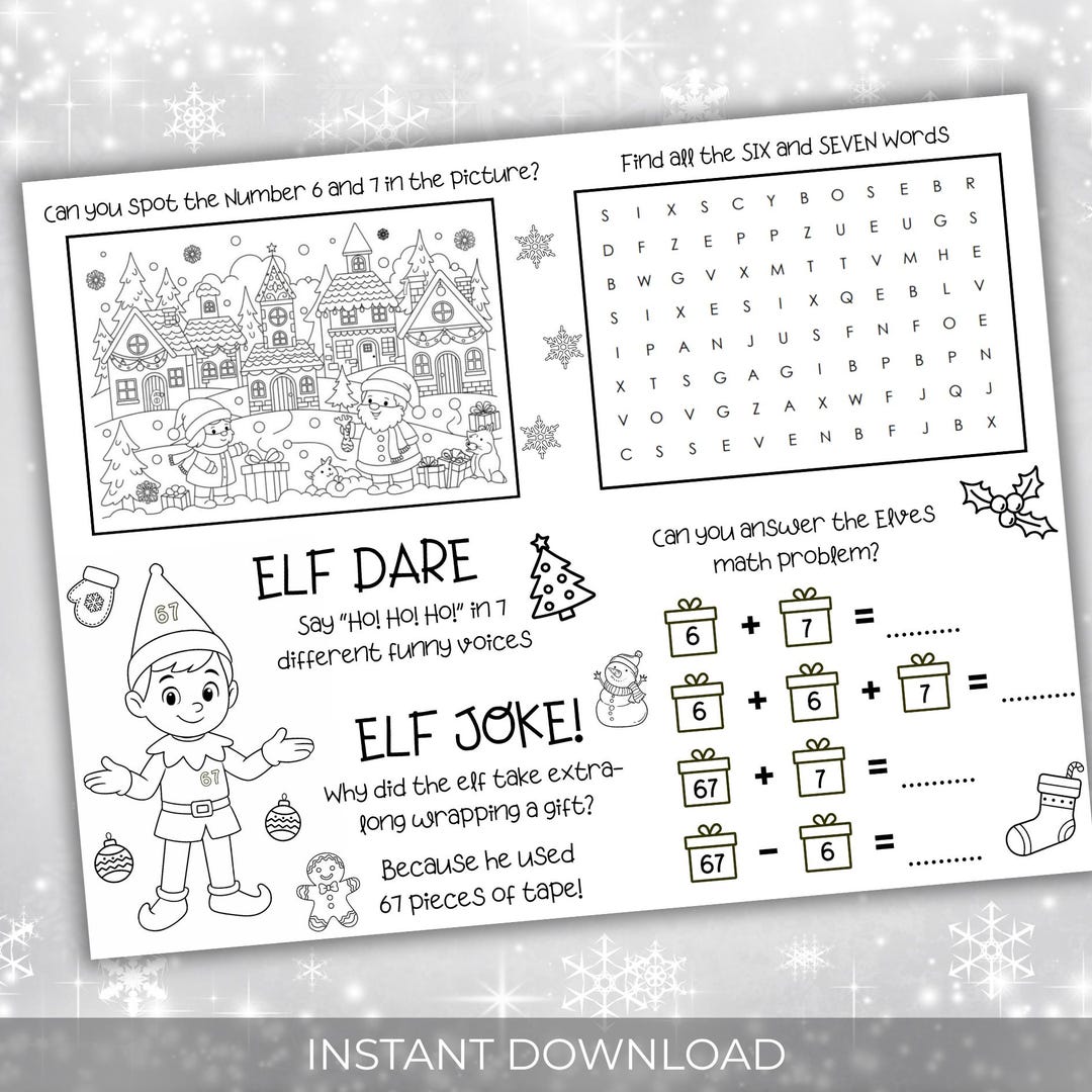 Elf 67 Activity Sheet Printable for Kids, School Elf 6 7 Christmas ...