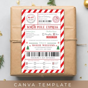 Puede incluir: Un paquete envuelto con una etiqueta roja y blanca de North Pole Express. La etiqueta incluye texto como "Special Delivery", "Mollie Williams" y una lista de verificación "Nice". El paquete está atado con hilo.