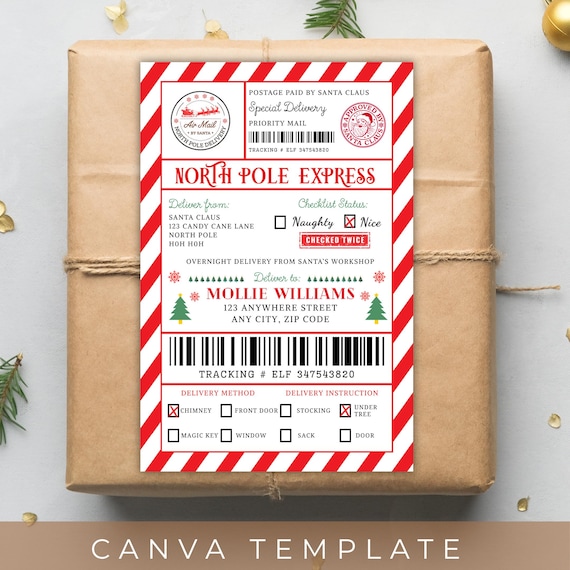 Santa Shipping Label, North Pole Delivery Sticker, Christmas Delivery Postage Label, Santa Workshop Mail Canva Template