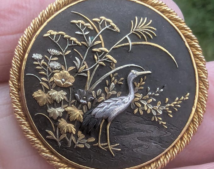 Antique Japanese Shakudō Crane Pendant – Gold Inlay – Meiji Period C ...