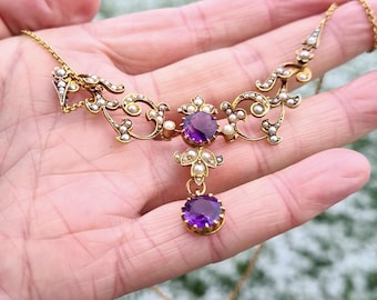 Antique Victorian 15ct Amethyst and Pearl Necklace