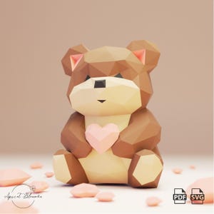 DIY Papercraft Bear Holding Heart – Fun Family Craft Project – 3D Paper Sculpture Template – PDF & SVG Gift-Making Activity