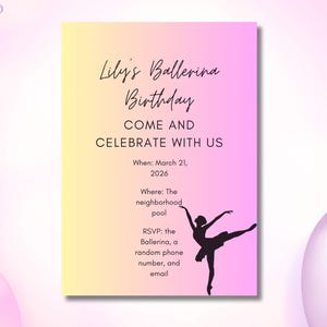 Editable Ballerina Birthday Invitation for girls, Cute dancer birthday invite, Canva template, printable digital download dancer b-day card