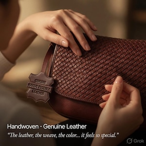 May include: A dark brown leather handbag featuring a woven texture on the front flap. A leather tag attached to the side is embossed with the text GENUINE NATIVE ESSENCE LEATHER. The bag has a smooth leather base and a structured, rounded shape.