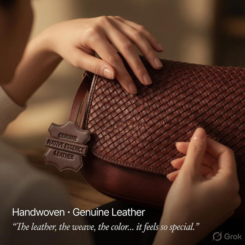 May include: A dark brown leather handbag featuring a woven texture on the front flap. A leather tag attached to the side is embossed with the text GENUINE NATIVE ESSENCE LEATHER. The bag has a smooth leather base and a structured, rounded shape.