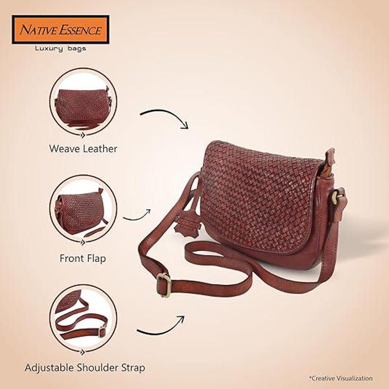 May include: A dark brown leather crossbody bag featuring a woven front flap, a main compartment, and an adjustable shoulder strap. The image includes text labels for Weave Leather, Front Flap, and Adjustable Shoulder Strap, plus the brand Native Essence.