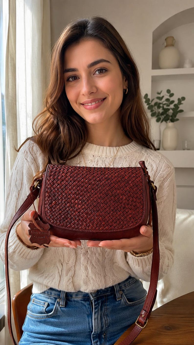 May include: A dark red, woven leather crossbody bag with a rounded flap closure and a matching adjustable shoulder strap. A small, leaf-shaped leather tag is attached to the side of the bag, featuring embossed text that reads Genuine Leather.