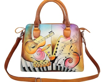 NATIVE ESSENCE Hand Painted Leather Satchel Bag: Musical Design Tote Bag
