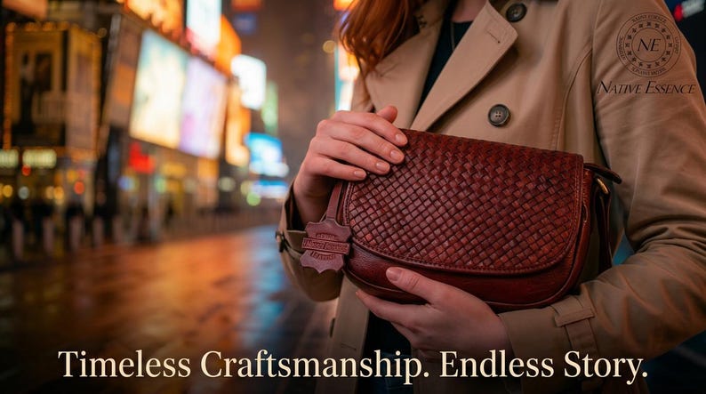 May include: A dark brown woven leather crossbody bag with a rounded flap and a small leather tag featuring the text Native Essence. The bag is worn with a beige trench coat. The text Timeless Craftsmanship. Endless Story. appears at the bottom.