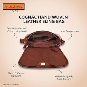 NATIVE ESSENCE Hand Woven Leather Crossbody Bag: Cognac Brown Vintage Saddle Purse image 10