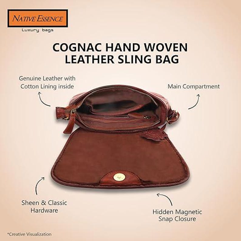 NATIVE ESSENCE Hand Woven Leather Crossbody Bag: Cognac Brown Vintage Saddle Purse image 10