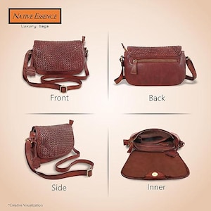 May include: A brown leather crossbody bag shown from four angles: front, back, side, and inner. The front features a woven texture, the back has a zippered pocket, the side shows an adjustable strap, and the inner view reveals the open compartment.