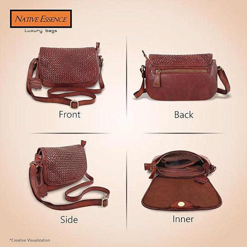 May include: A brown leather crossbody bag shown from four angles: front, back, side, and inner. The front features a woven texture, the back has a zippered pocket, the side shows an adjustable strap, and the inner view reveals the open compartment.