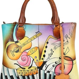 Bolso de mano de piel auténtica pintado a mano para mujer, color marrón dorado, con diseño musical, bolso tipo cartera para mujer, bolso de mano con dos compartimentos, empaquetado para regalo