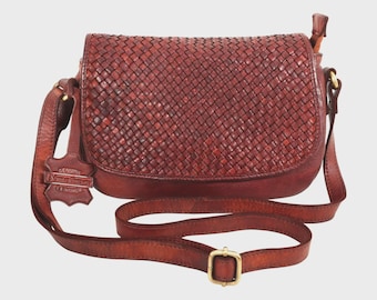 Sac bandoulière en cuir tressé à la main : porte-monnaie vintage marron cognac