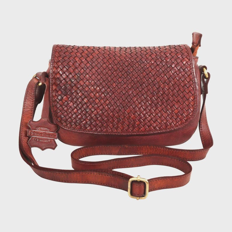 NATIVE ESSENCE Hand Woven Leather Crossbody Bag: Cognac Brown Vintage Saddle Purse image 1