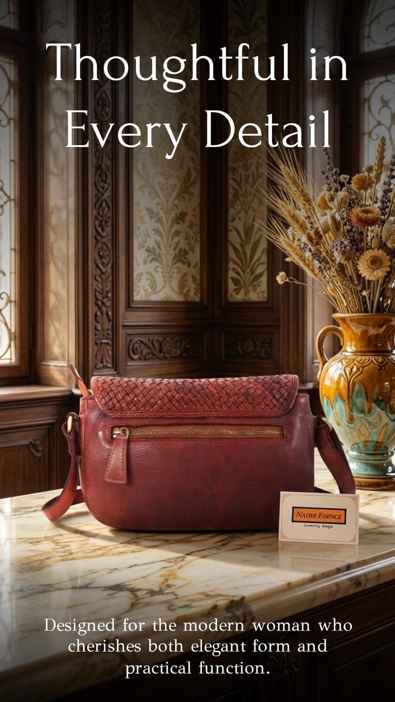 NATIVE ESSENCE Hand Woven Leather Crossbody Bag: Cognac Brown Vintage Saddle Purse image 12