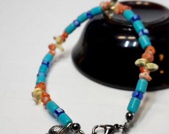 4mm beach themed Czechs glass with shell charm and lobster clasp, 7 inch