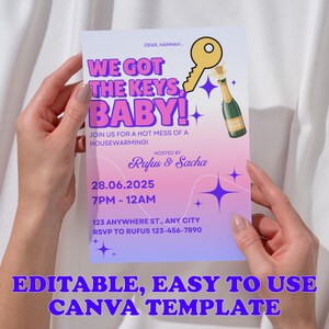 Modelo de convite para inauguração de casa – We Got the Keys Baby – Download editável do Canva, convite moderno no estilo Y2K