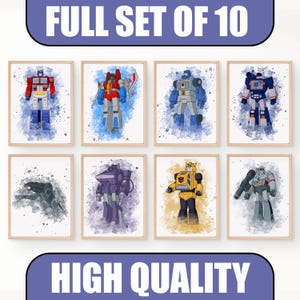 Pode incluir: Um conjunto de dez impressões emolduradas com ilustrações em estilo aquarela de vários personagens de Transformers. As impressões apresentam robôs em cores vibrantes, incluindo vermelho, azul, amarelo e roxo, contra um fundo salpicado. O texto "FULL SET OF 10" e "HIGH QUALITY" é exibido.