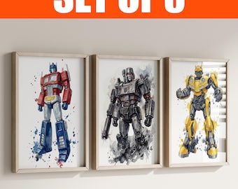 Transformers Wall Art Set of 3 Watercolor Posters | Optimus Prime & Bumblebee Prints | Kids Boys Room Decor | Digital Download