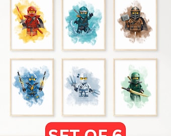 Lot de 6 aquarelle numérique guerrier ninja impression d'art brique héros style illustration enfants cadeau d'anniversaire pour enfants garçons chambre décoration