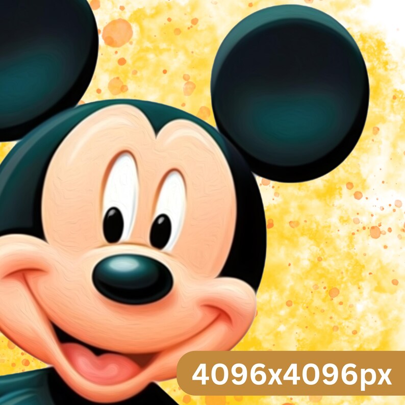May include: A digital illustration of Mickey Mouse with a smiling expression. The character has black ears, a black nose, and a peach-colored face. The background is yellow with orange speckles, and the image includes the text "4096x4096px".