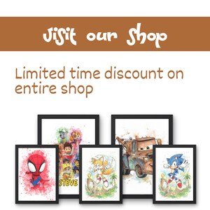 May include: Framed art prints featuring popular cartoon characters, including Spider-Man, Sonic the Hedgehog, and characters from Paw Patrol. The prints have a watercolor style and are displayed with the text "Visit our Shop" and "Limited time discount on entire shop."