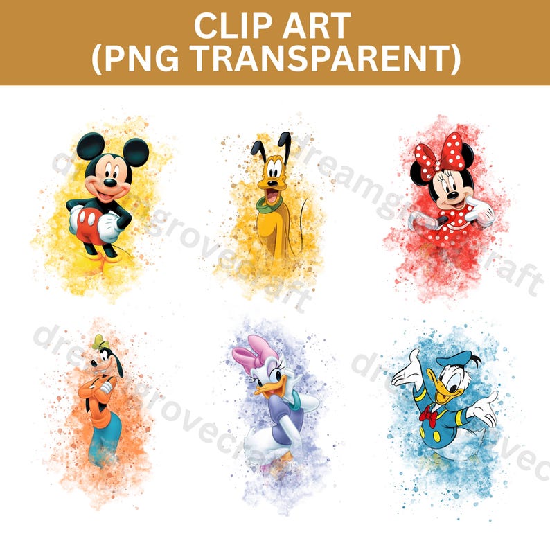 May include: Clip art featuring six cartoon characters: Mickey Mouse, Pluto, Minnie Mouse, Goofy, Daisy Duck, and Donald Duck. Each character is set against a colorful, watercolor-style background. The text "CLIP ART (PNG TRANSPARENT)" is at the top.