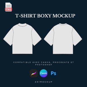 Peut inclure: Une maquette de t-shirt blanc à la coupe ample. Le t-shirt est présenté de face et de dos. La maquette est compatible avec Canva, Procreate et Photoshop.  T-SHIRT BOXY MOCKUP