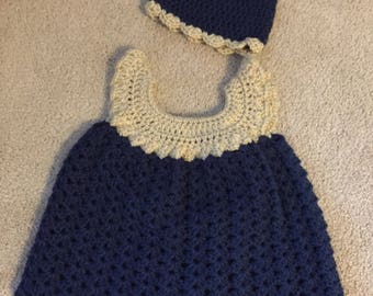 Tan and navy dress with beanie