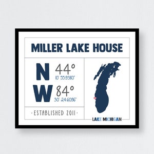 Custom Lake House Sign | Modern Lake House Art, Lake GPS Coordinates, Lake House Welcome Sign, Lake House Print, Custom Lake Print