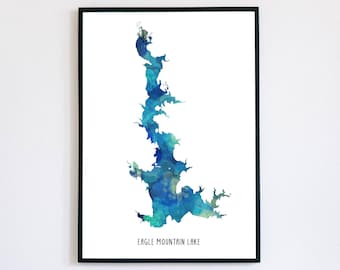 Custom Watercolor Style Lake Map | Lake Print, Watercolor Style Art, Modern Wall Art, Custom Lake Poster, Lake Decor, Gift Map