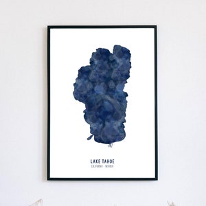 Lake Tahoe Watercolor Style Art Print | Aerial View Lake Map | California | Nevada | Modern Wall Art | Unframed Print