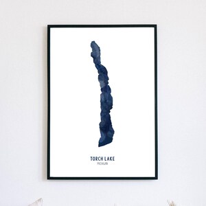 Torch Lake Watercolor Style Art Print | Aerial View Lake Map | Michigan | Modern Wall Art | Unframed Print