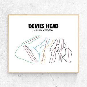 May include: A black and white line art illustration of Devil's Head ski resort in Merrimac, Wisconsin. The illustration shows the different ski runs and trails.